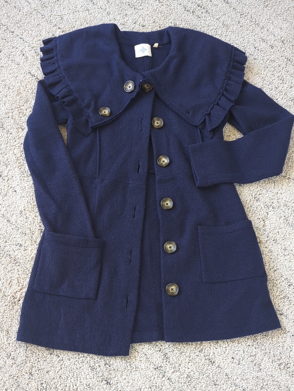Woman's Navy Ruffle-Trim Button Front Coat